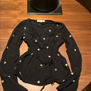 See By Chloe Black and Gold Bell Sleeve Blouse with Tie Front